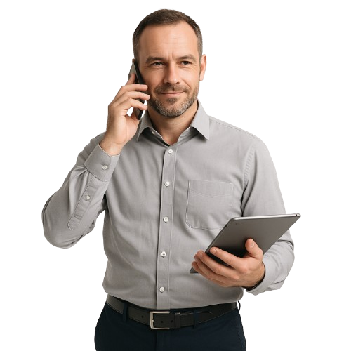 Portfolio-Steuerer am Telefon mit Tablet